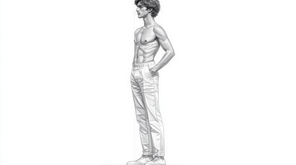 Detailed side profile sketch of a shirtless man with defined muscles, wearing casual pants and standing with hands in pockets.