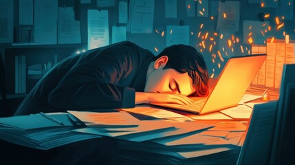Exhausted employee resting their head on a desk covered in documents and a glowing laptop