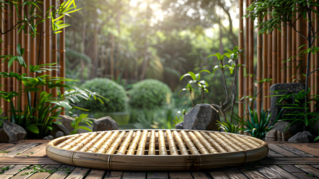 Natural bamboo podium front view focus with berm zen garden