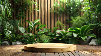 Fototapeta premium Natural bamboo podium front view focus with berm zen garden