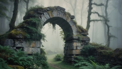 Ancient Stone Archway and Lush Tree in a Misty Forest.