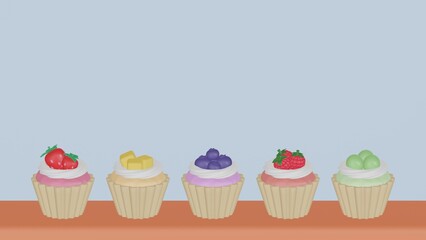 Fruits cupcake in 3D concept, cupcake 3D background, Cupcake cartoon