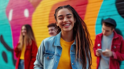 A group of Gen Z influencers creating content in an urban setting with vibrant street art