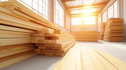 Stacked Wooden Planks in Furniture Factory Warehouse