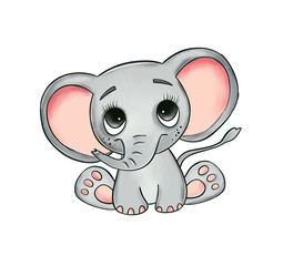 Cute watercolor baby Elephant Hand drawn illustration. Painting isolated on white background.