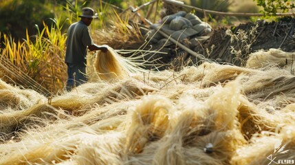 Fototapeta premium Farmer Harvesting Natural Fibers in Sunny Field