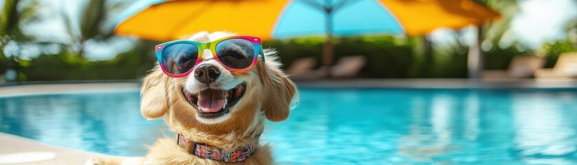 Happy dog in colorful sunglasses, relaxing next to a shimmering pool under a large tropical umbrella Dog and pool, sunny day, tropical relaxation