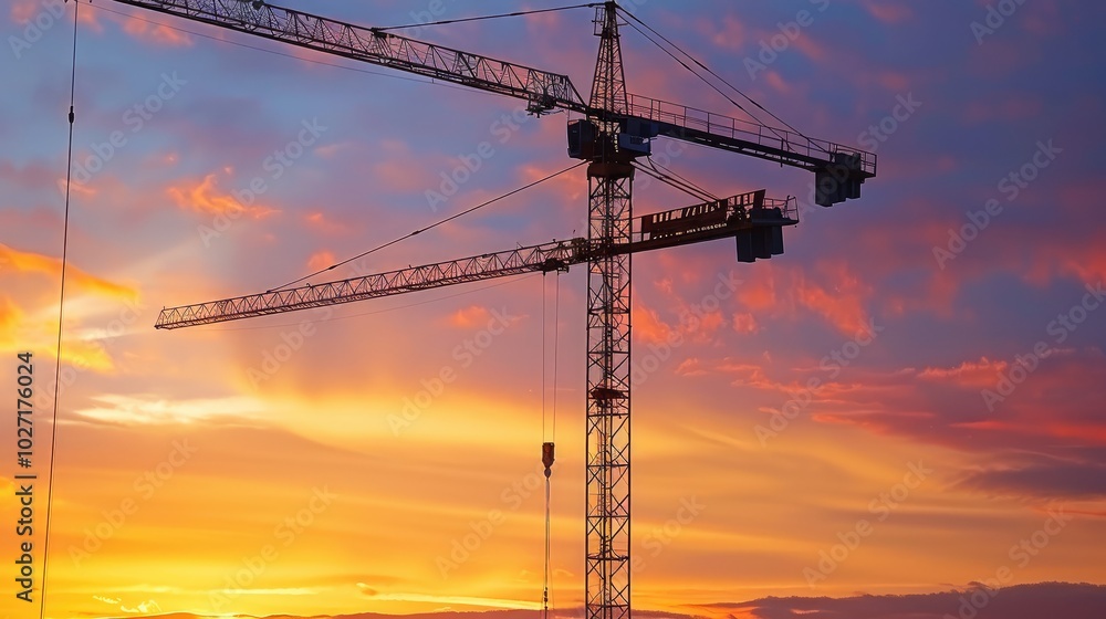 Wall mural construction cranes at sunset