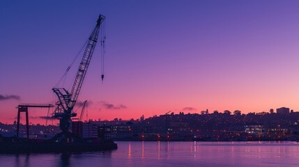 Obraz premium Harbor Sunset Silhouette with Crane