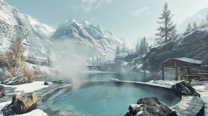 A tranquil hot spring bath set among snowy mountains, with steam blending into the chilly air.