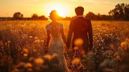 Romantic Wedding Couple Walking in a Field at Sunset
