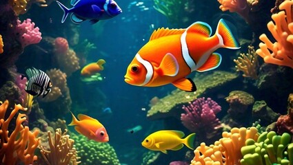 Obraz premium Underwater world with corals and tropical fish wallpaper background high quality image 4k hd 16:9 YouTube thumbnail 