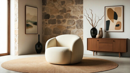 Modern Living Room with a Plush Cream Armchair, Stone Wall Accent, and Elegant Decorative Vases
