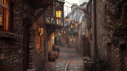 Fototapeta premium A cobblestone street winds through a medieval village, lit by lanterns hanging from the buildings.