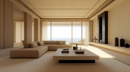 Modern beige living room by sea. Minimalist design. Large window. For stock photo or decor mag.