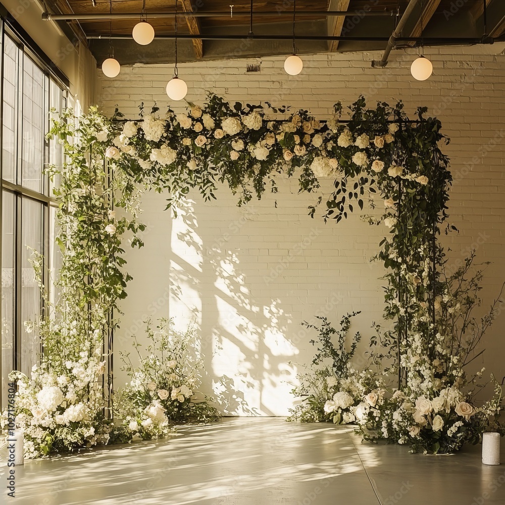 Wall mural A white brick wall with a floral archway and greenery for a wedding ceremony or special event.