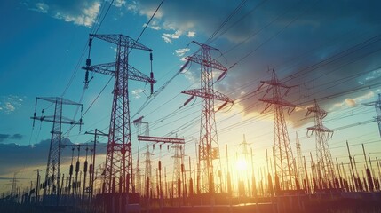 Fototapeta premium Electric Power Lines at Sunset