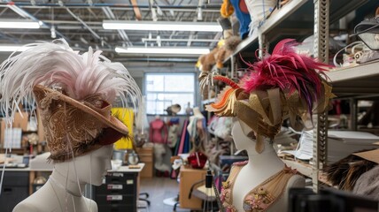 Colorful feathered hat designs in creative workshop for fashion inspiration, National Big Wig Day