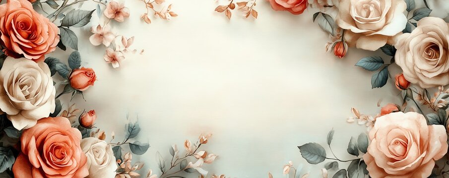 Sophisticated watercolor flower frame, emphasizing elegant roses and delicate petals in muted tones, perfect for formal invitations or announcements