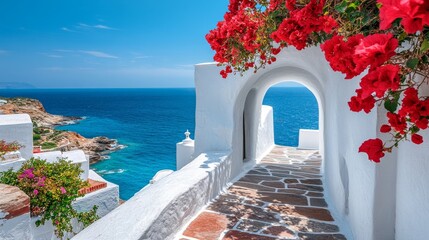 Whitewashed Archway Overlooking the Aegean Sea with Red Flowers