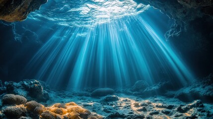 Sunlight beams through an underwater cave, illuminating the ocean floor.