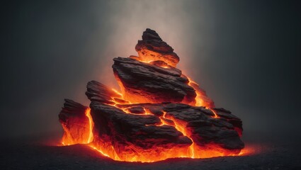 Burning rock formation in a dark environment.