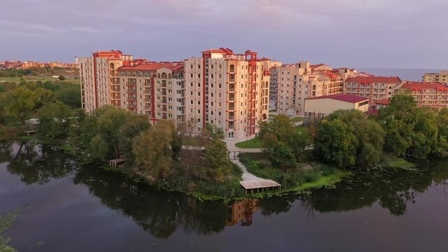 Aerial view to hotel complex on the Black Sea near a river. Aheloy, Burgas, Bulgaria