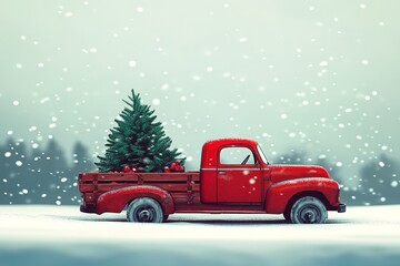 A red car with a Christmas tree on the roof, a flat design illustration, simple and cute. Vector art with a winter background