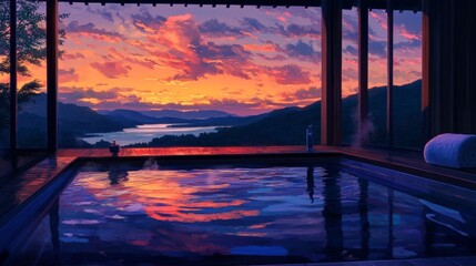 An onsen bath at dusk, reflecting the colors of the sunset over distant hills and water.