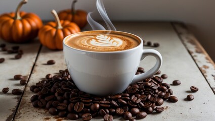 Autumn pumpkin spice latte with coffee beans.