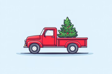 Fototapeta premium A red car with a Christmas tree on the roof, a flat design illustration, simple and cute. Vector art with a winter background