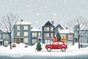 A red car with a Christmas tree on the roof, a flat design illustration, simple and cute. Vector art with a winter background