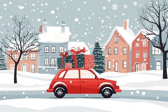 A red car with a Christmas tree on the roof, a flat design illustration, simple and cute. Vector art with a winter background