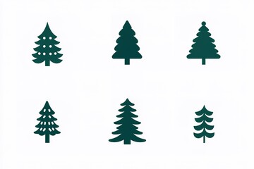 Obraz premium A set of vector icons in dark green, each depicting an illustration of a Christmas tree. The design is simple and minimalistic with clean lines on a white background