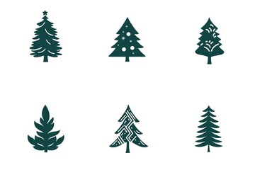 Fototapeta premium A set of vector icons in dark green, each depicting an illustration of a Christmas tree. The design is simple and minimalistic with clean lines on a white background