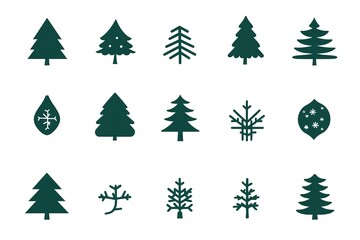 Obraz premium A set of vector icons in dark green, each depicting an illustration of a Christmas tree. The design is simple and minimalistic with clean lines on a white background