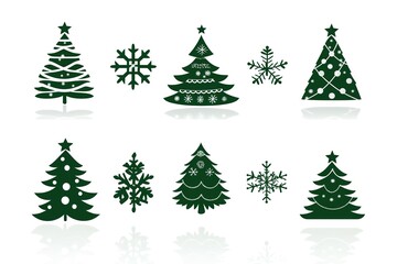 Obraz premium A set of vector icons in dark green, each depicting an illustration of a Christmas tree. The design is simple and minimalistic with clean lines on a white background