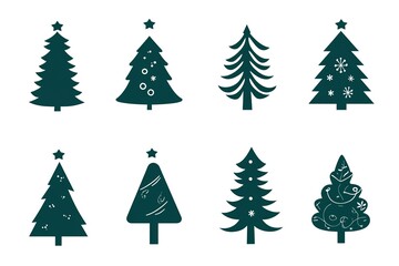 A set of vector icons in dark green, each depicting an illustration of a Christmas tree. The design is simple and minimalistic with clean lines on a white background