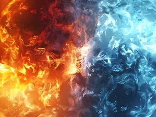 Futuristic Landscape Where Fire and Ice Merge Symbolizing Balance of Opposing Forces