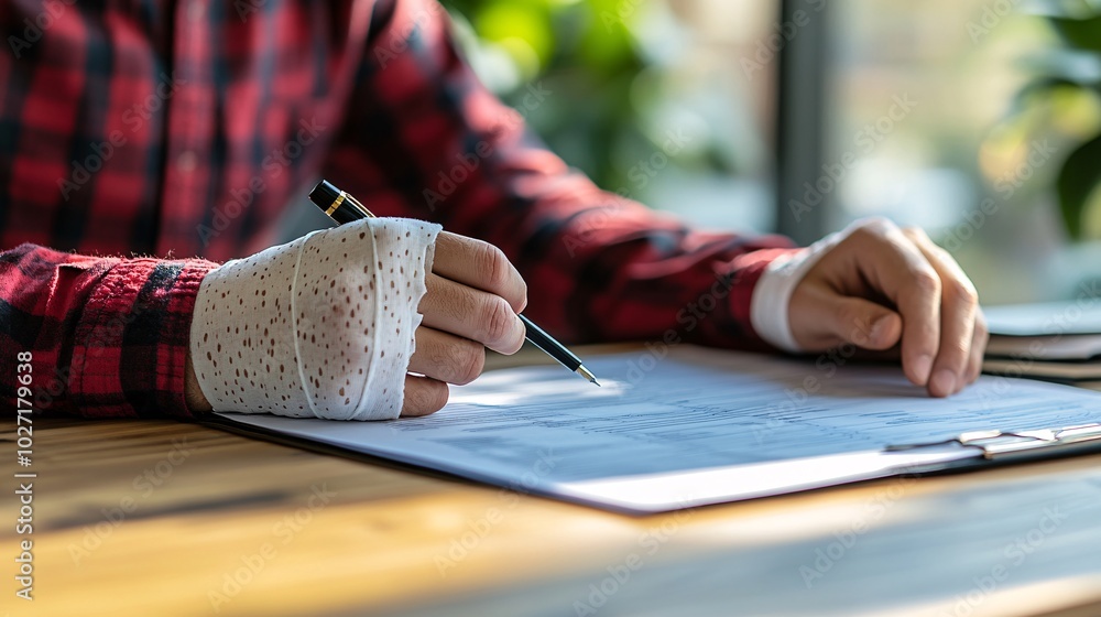 Aufkleber man with a wrist cast sitting at his desk in an office holding a pen and thinking about how to write
