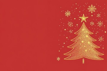 Red background, Christmas tree and snowflakes hanging on the right side of the red background, golden decorations, simple design, simple lines, simple shapes, flat illustration style