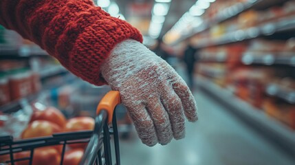 Woman with a cast on her hand shopping at the grocery store, carefully picking up items Stock Photo with side copy space