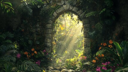 Stone Archway Leading into a Lush Tropical Forest