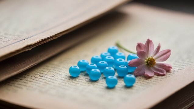 Blue Beads and Pink Flower on a Vintage Book. - Powered by Adobe