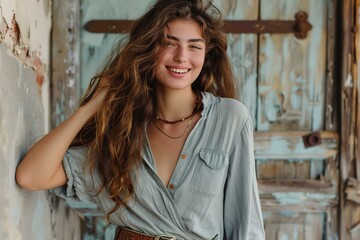 Fototapeta premium A Kind longhaired woman keeping her hand on the belt