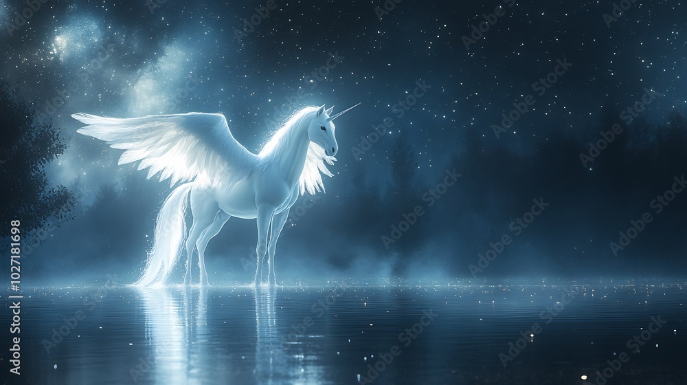Poster ultrarealistic and ethereal image of pegasus illuminated by celestial light standing on a reflective