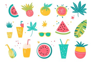 A collection of summer icons, such as watermelon slices and ice cream cones, in a flat design style with bright colors like green, yellow, blue, pink, and orange on a white background