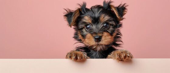 Yorkshire Terrier puppy dog peeking out from the edge of a blank billboard with his paws on the bottom edge and his head facing forward on a cute and adorable pastel background