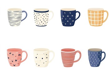Cute coffee mugs, a simple flat vector illustration set with colorful patterns and designs on a white background