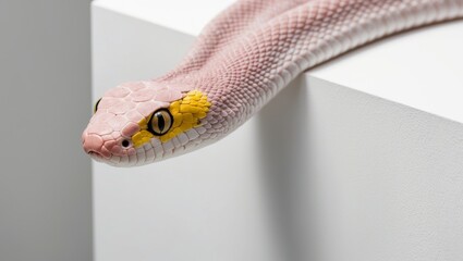 Fototapeta premium A tight shot of a pink snake's head featuring a yellow marking on its left eye.